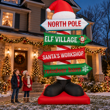 9FT Christmas Inflatable North Pole Sign Santa Hat Lighted Outdoor Yard Blow Up Decor