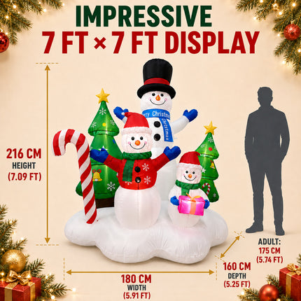 216cm LED Lights Christmas Inflatable Snowman Family with Trees Candy Cane Blow Up Xmas Decor