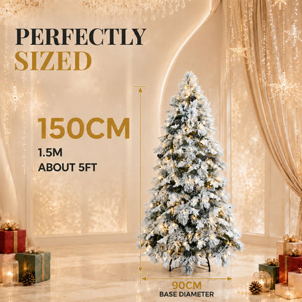 150cm Snow Flocked Christmas Tree Warm 160 LEDs Light Pre Lit Pine Cone Winter Xmas Decor