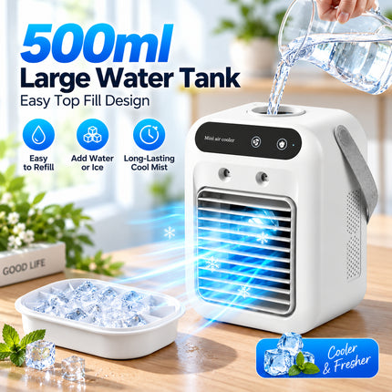 Portable USB Mini Air Cooler Fan with Mist 500ml Water Tank 2 Speed Desktop Cooling Fan