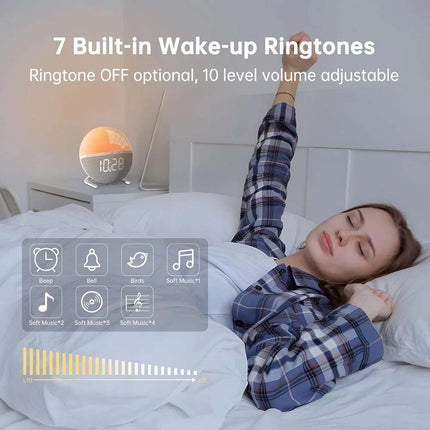 Alarm clock wake-up light with sunrise/sunset simulation, dual alarm clocks