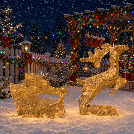 Christmas Reindeer & Sleigh Solar LED Lights Metal Frame Outdoor Xmas Garden Decoration