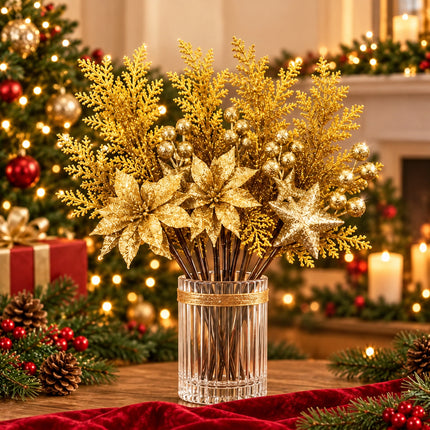 6Pcs Christmas Tree Branch Picks Artificial Poinsettia Floral Spray Xmas Wreath Gold