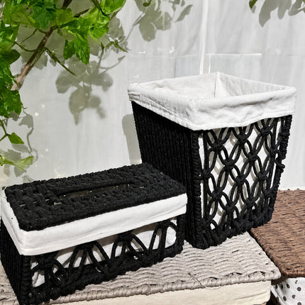 Tissue Box Woven Cotton Rope Paper Cube Organizer Container Case Holder Black