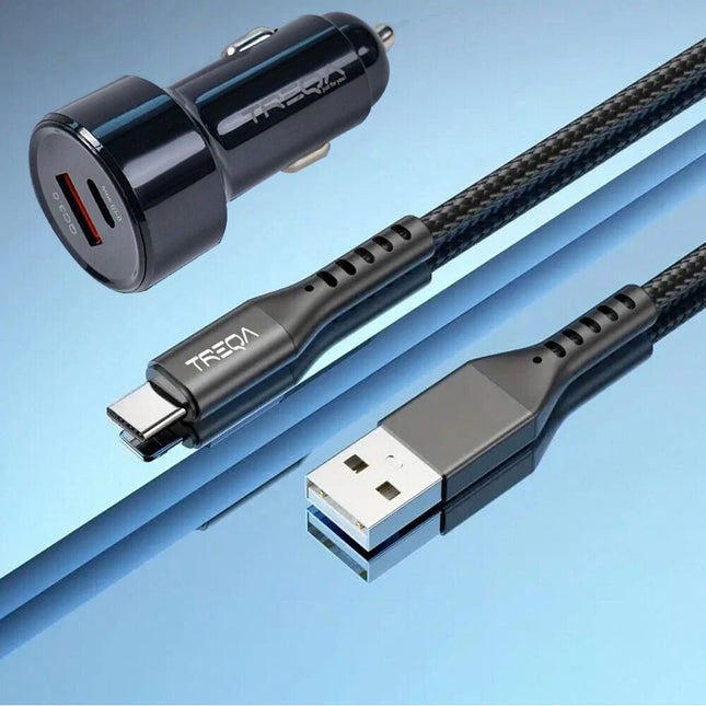 Black USB-C Fast Car Charger with Charging Cable Adapter iPhone Samsung