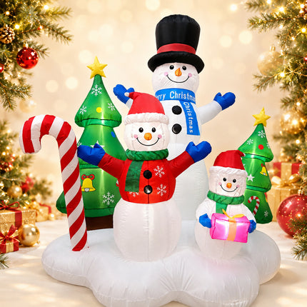 216cm LED Lights Christmas Inflatable Snowman Family with Trees Candy Cane Blow Up Xmas Decor