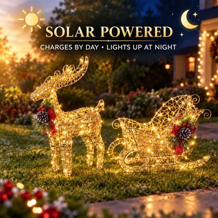Solar Christmas Reindeer Sleigh LED Lights Outdoor Garden Xmas Yard Decoration