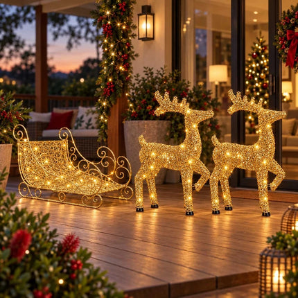 Set of 3 Christmas Decoration Reindeer and Sleigh LED Lighted Yard Garden Xmas