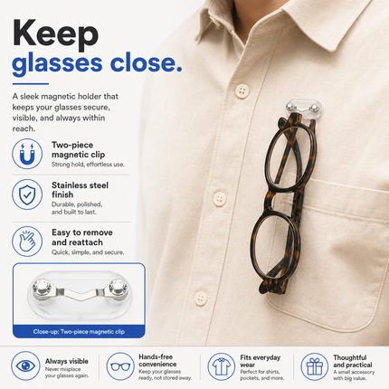 Magnetic Eyeglass Holder Stainless Steel for Shirts and Sunglasses