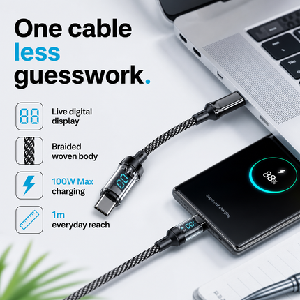 USB C to USB C Charging Cable Braided 100W 1m with Display