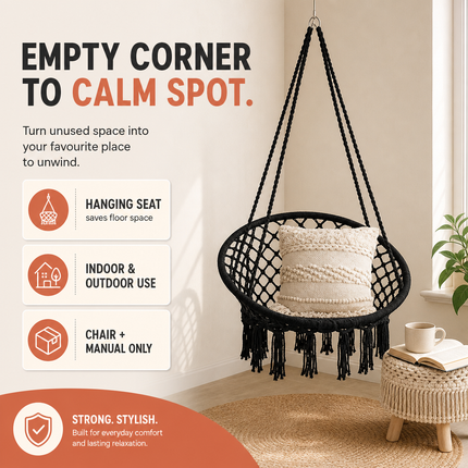 Hammock Chair Black Cotton Macrame Indoor Outdoor Hanging Seat