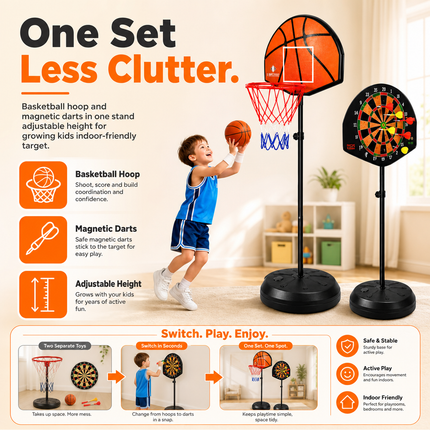 Kids Basketball Hoop Magnetic Dart Board Adjustable Height Indoor Play Set