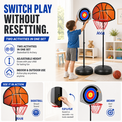 Kids Basketball Hoop Archery Set Adjustable Height Indoor Outdoor Toy