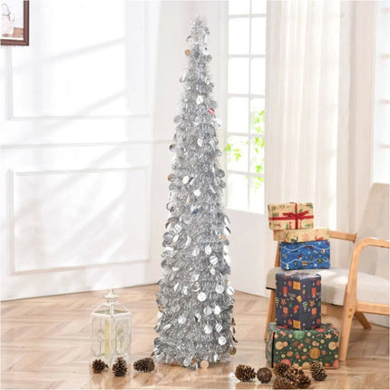 Foldable Christmas Tree Retractable Tinsel Tree Holiday Decor Silver