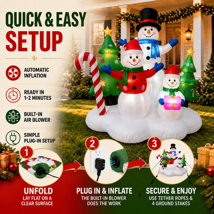 216cm LED Lights Christmas Inflatable Snowman Family with Trees Candy Cane Blow Up Xmas Decor