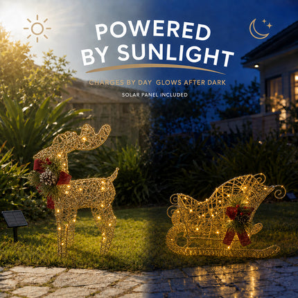 2-Piece LED Christmas Reindeer & Sleigh Solar-Powered Lighted Metal Frame Yard Decoration Set