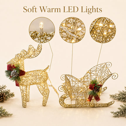 2-Piece LED Christmas Reindeer & Sleigh Solar-Powered Lighted Metal Frame Yard Decoration Set