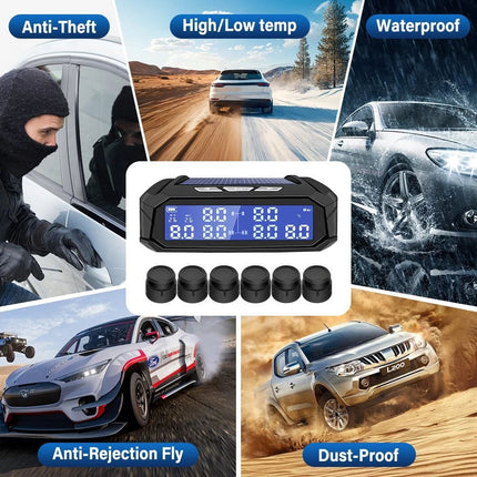 Solar Wireless TPMS Car Tire Tyre Pressure Monitor Monitoring System & 6 Sensors