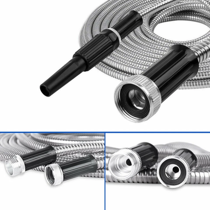 100FT Stainless Steel Water Hose Metal Home Garden Pipe with 2 Nozzle Connector
