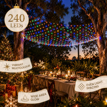 3M x 2M Solar Christmas Net Lights 240 LED Multicolour Outdoor Garden Curtain String Fairy Lights – 8 Modes