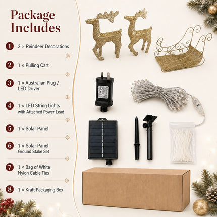 Double Deer Pulling Cart Christmas Lights Solar Powered Warm White LED Outdoor Decoration