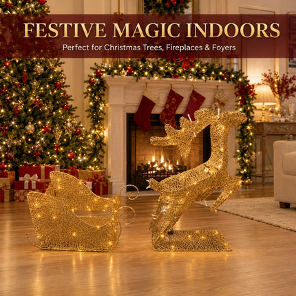 Christmas Reindeer & Sleigh Solar LED Lights Metal Frame Outdoor Xmas Garden Decoration