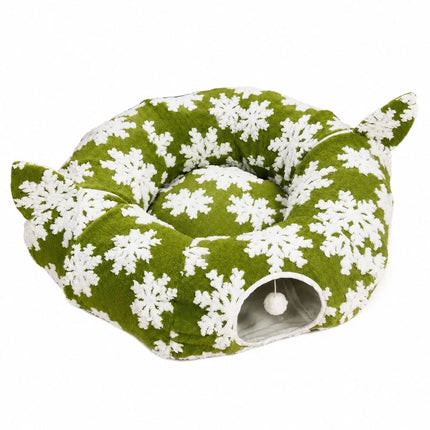 90 cm Foldable Green Cat Donut Tunnel Bed with Soft Cotton Filling for Daily Play and Cozy Naps
