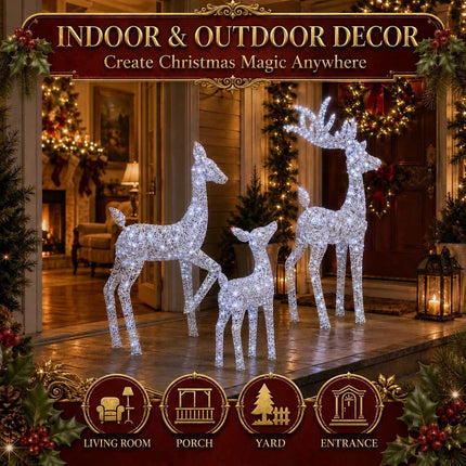 3 Piece LED Reindeer Family Christmas Outdoor Yard Xmas Decor Set White Stag Doe Fawn