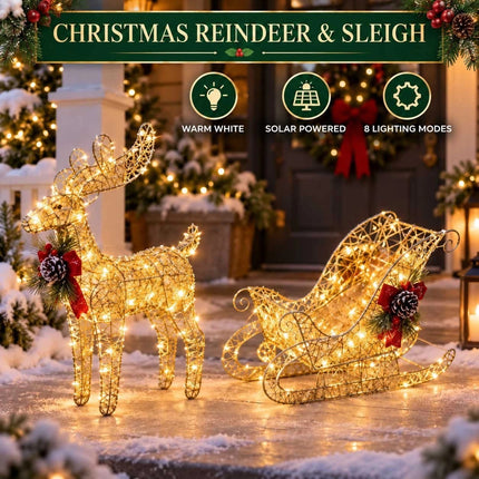 Solar Christmas Reindeer Sleigh LED Lights Outdoor Garden Xmas Yard Decoration