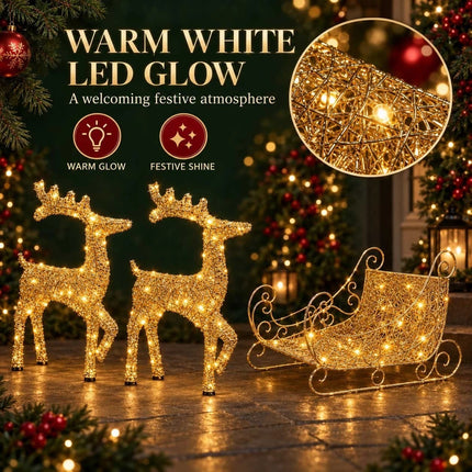 Set of 3 Christmas Decoration Reindeer and Sleigh LED Lighted Yard Garden Xmas