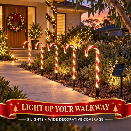 5 Solar Candy Cane Lights Outdoor Christmas Garden Pathway Stake Decorations LED