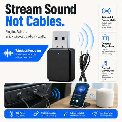 Bluetooth Audio Adapter USB 2 in 1 TX RX for Car Stereo AUX