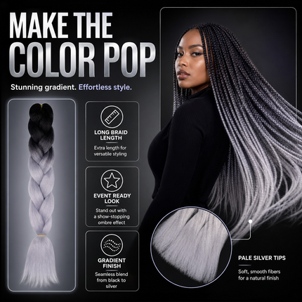 Synthetic Braiding Hair 62cm Black Silver Grey for Braid Styles