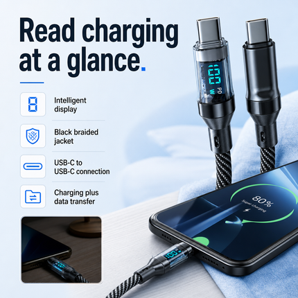 USB C to USB C Charging Cable Braided 100W 1m with Display