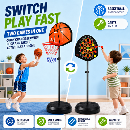 Kids Basketball Hoop Magnetic Dart Board Adjustable Height Indoor Play Set