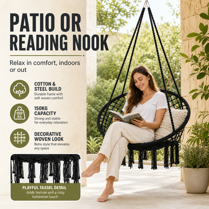 Hammock Chair Black Cotton Macrame Indoor Outdoor Hanging Seat