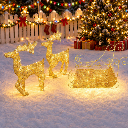 Double Deer Pulling Cart Christmas Lights Solar Powered Warm White LED Outdoor Decoration
