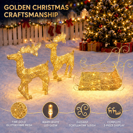 Double Deer Pulling Cart Christmas Lights Solar Powered Warm White LED Outdoor Decoration