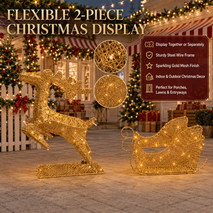 Christmas Reindeer & Sleigh Solar LED Lights Metal Frame Outdoor Xmas Garden Decoration