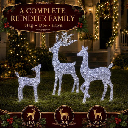 3 Piece LED Reindeer Family Christmas Outdoor Yard Xmas Decor Set White Stag Doe Fawn