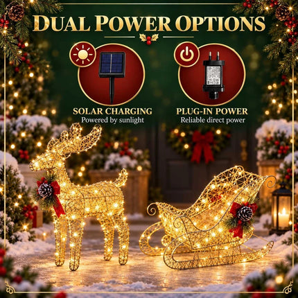 Solar Christmas Reindeer Sleigh LED Lights Outdoor Garden Xmas Yard Decoration