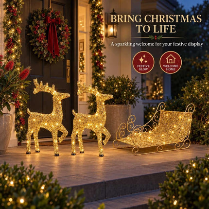 Set of 3 Christmas Decoration Reindeer and Sleigh LED Lighted Yard Garden Xmas