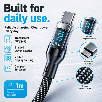 USB C to USB C Charging Cable Braided 100W 1m with Display