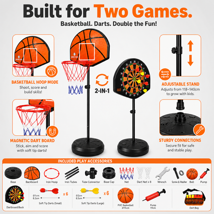 Kids Basketball Hoop Magnetic Dart Board Adjustable Height Indoor Play Set