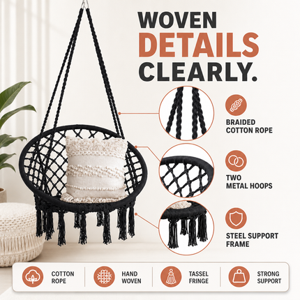 Hammock Chair Black Cotton Macrame Indoor Outdoor Hanging Seat
