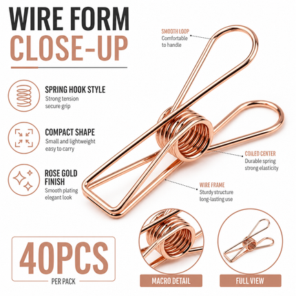 Clothes Peg Clips Rose Gold 40 Pack for Fairy Lights Camping Use