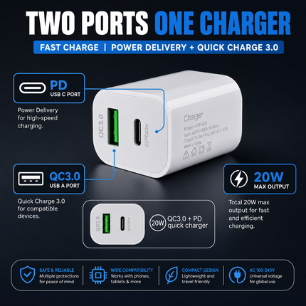 20W PD QC3 0 Fast Charger Broad Compatibility for USB C Devices