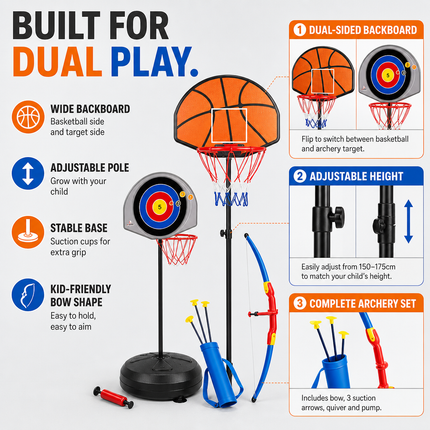 Kids Basketball Hoop Archery Set Adjustable Height Indoor Outdoor Toy