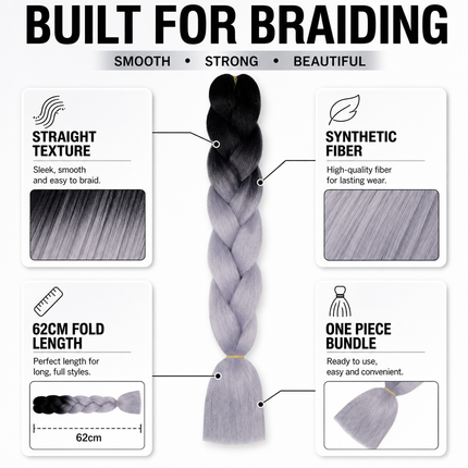 Synthetic Braiding Hair 62cm Black Silver Grey for Braid Styles