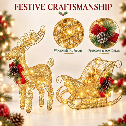 Solar Christmas Reindeer Sleigh LED Lights Outdoor Garden Xmas Yard Decoration